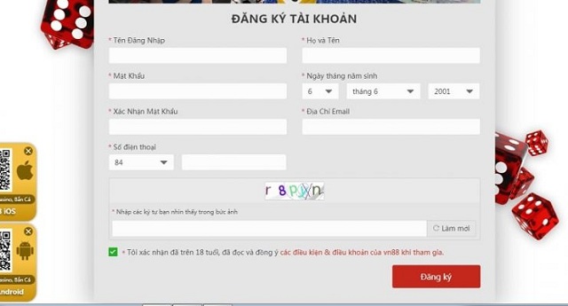 VN88 17 Biểu mẫu đăng ký tài khoản mà người chơi cần điền vào