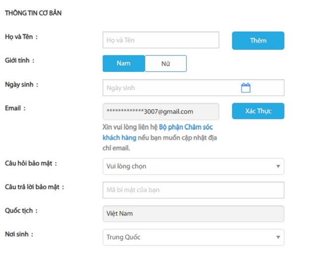 Thành viên đăng ký cần nhập đầy đủ thông tin trên tài khoản của nhà cái