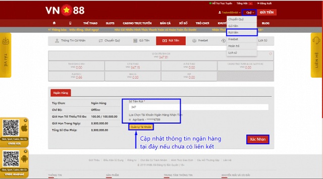 VN88 21 Thực hiện thao tác cung cấp thông tin rút tiền tại nhà cái VN88
